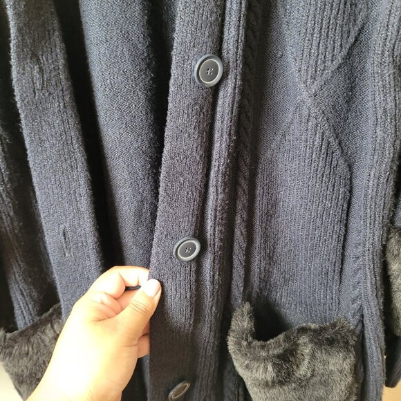 Simply Vera Wang Dark Blue Fur Trim Oversized Knit Cardigan - Picture 6 of 8